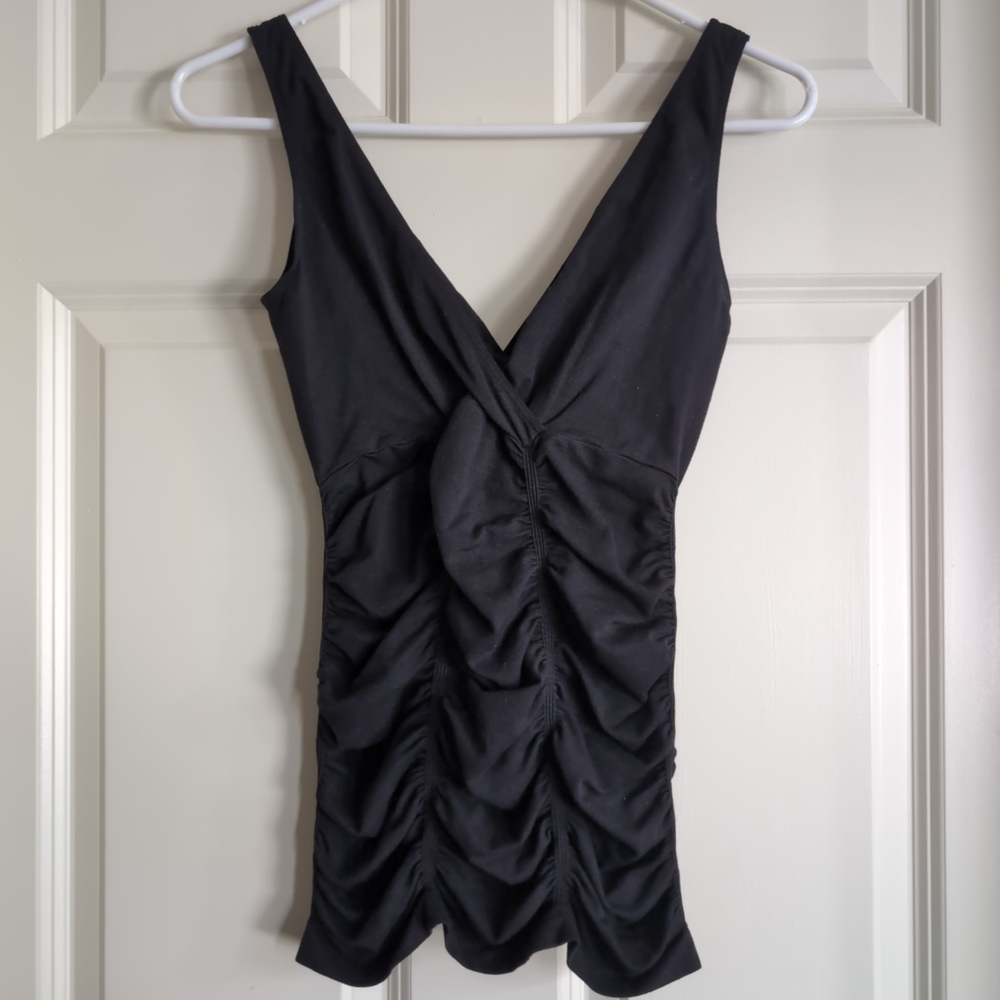 Vintage black stretchy ruched bodycon v neck tank top